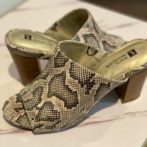 Snake looking leather mule with 3 inch block heel